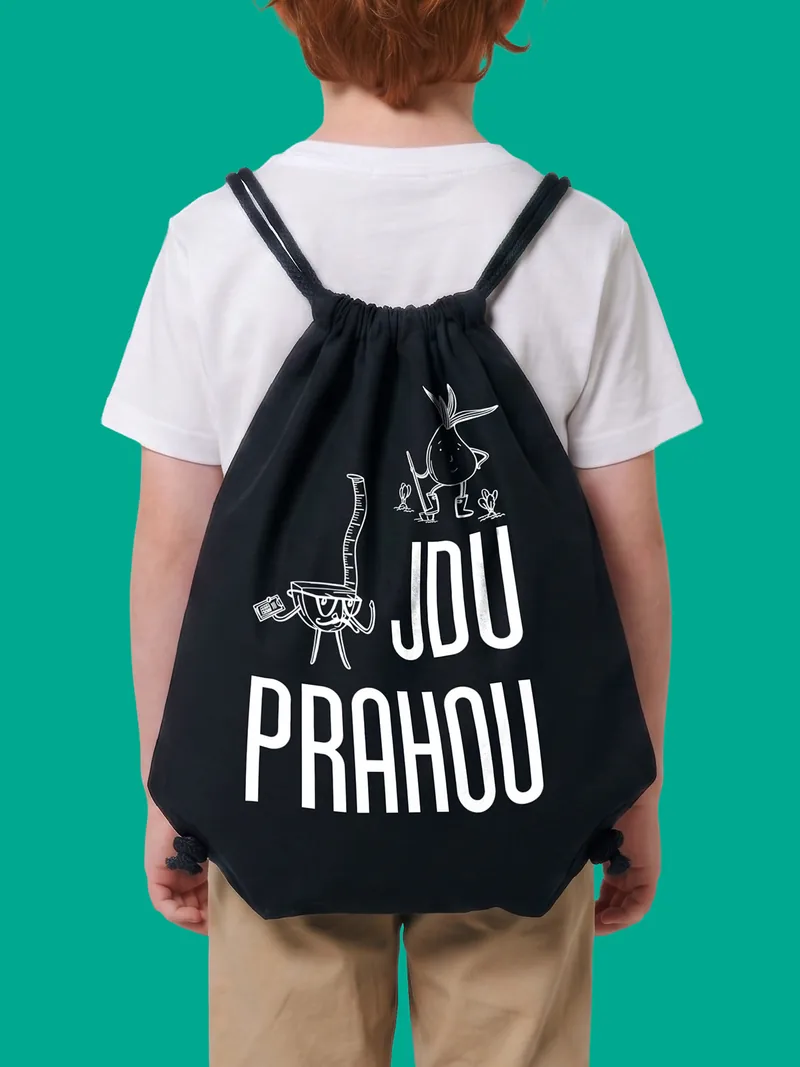 Dítě s batohem Jdu Prahou na zádech